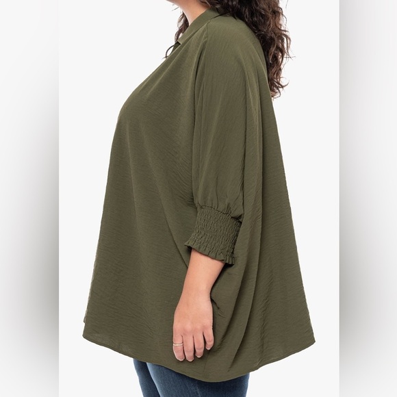 Olive Green Size 1XL Oversized Blouse with Smocked Sleeves – Boho Tunic Top - Picture 3 of 8